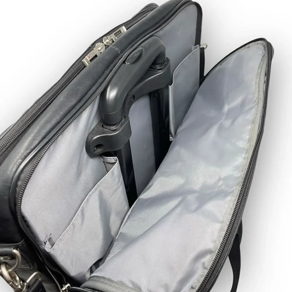 Solo New York Walker Black Leather Briefcase Rolling Travel Luggage Carry On Bag